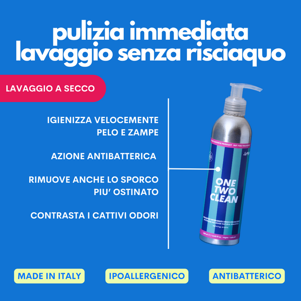 Detergente senza risciacquo per cani ideale per pelli sensibili e cuccioli One Two Clean